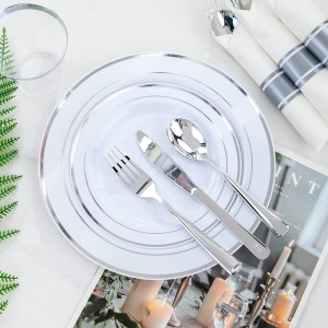 KIT 5 PRATOS DE REFEIÇÃO DESCARTÁVEIS LUXO 26CM EM PLASTICO - PRATA